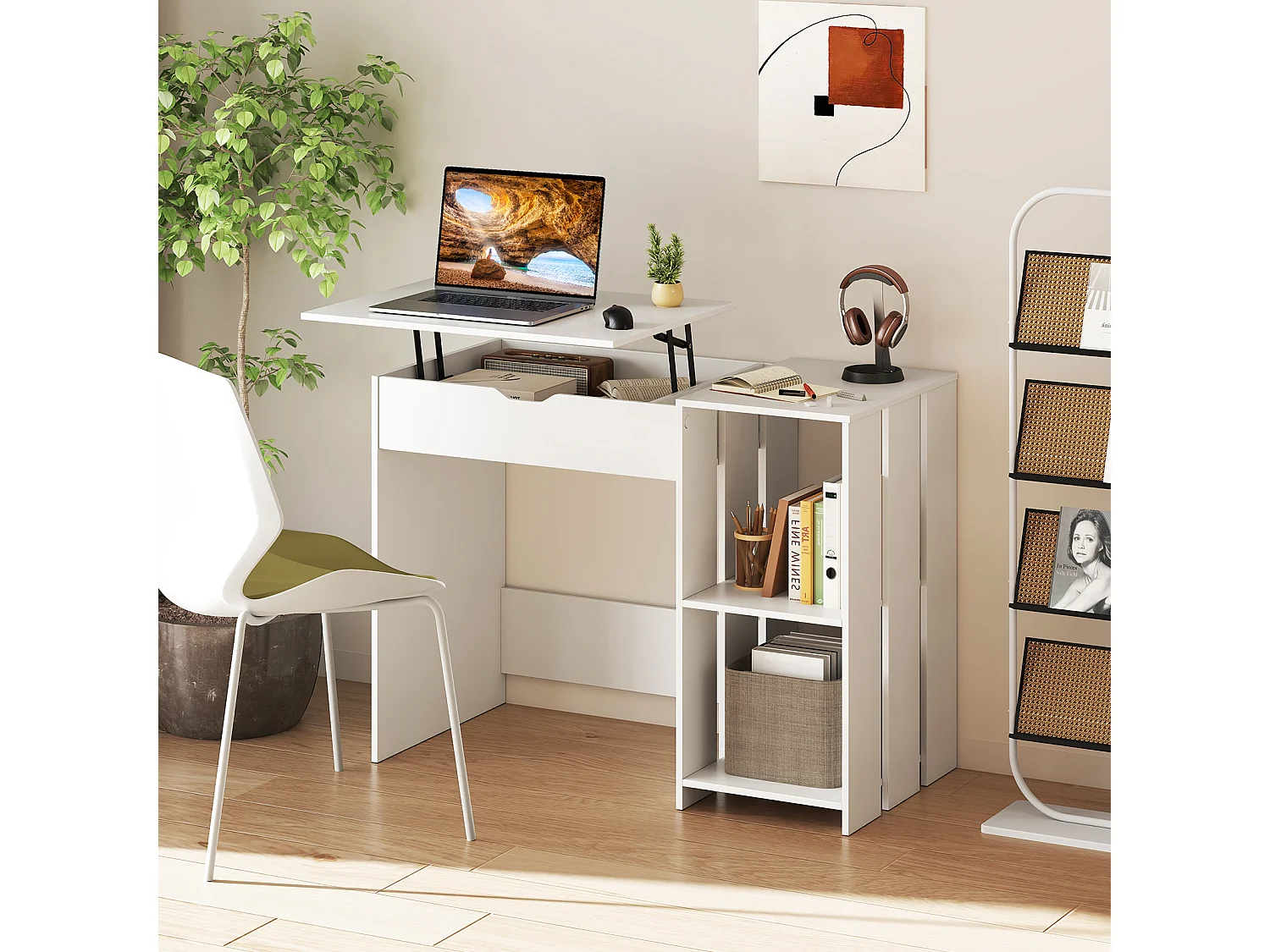 Bureau Informatique avec Plateau Relevable Bureau Portable avec Compartiment Caché et 2 Étagères de Rangement Ouvertes Blanc