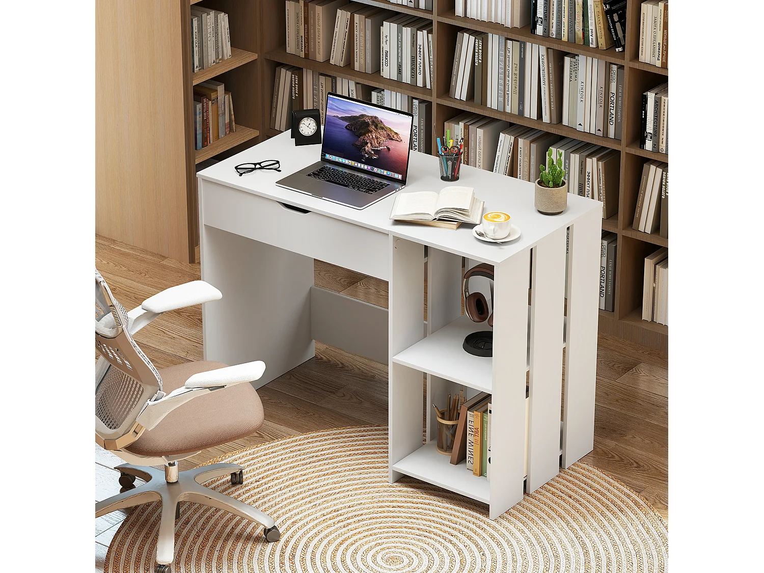 Bureau Informatique avec Plateau Relevable Bureau Portable avec Compartiment Caché et 2 Étagères de Rangement Ouvertes Blanc