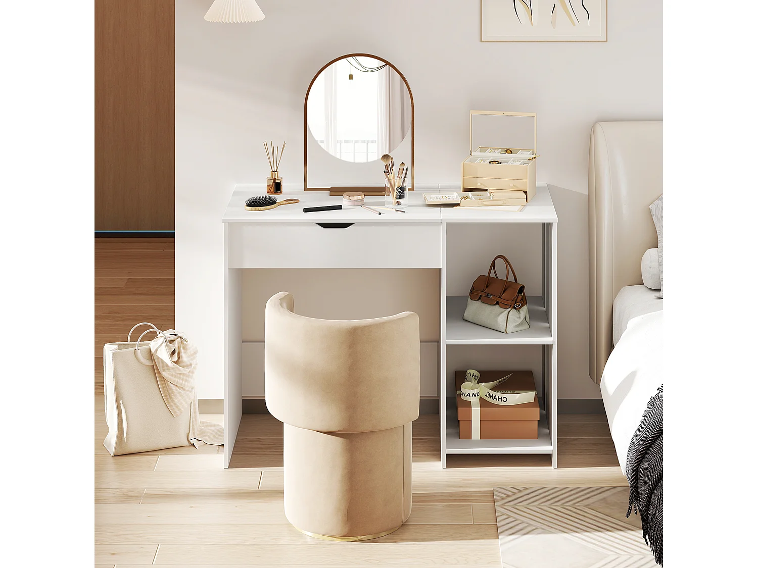 Bureau Informatique avec Plateau Relevable Bureau Portable avec Compartiment Caché et 2 Étagères de Rangement Ouvertes Blanc