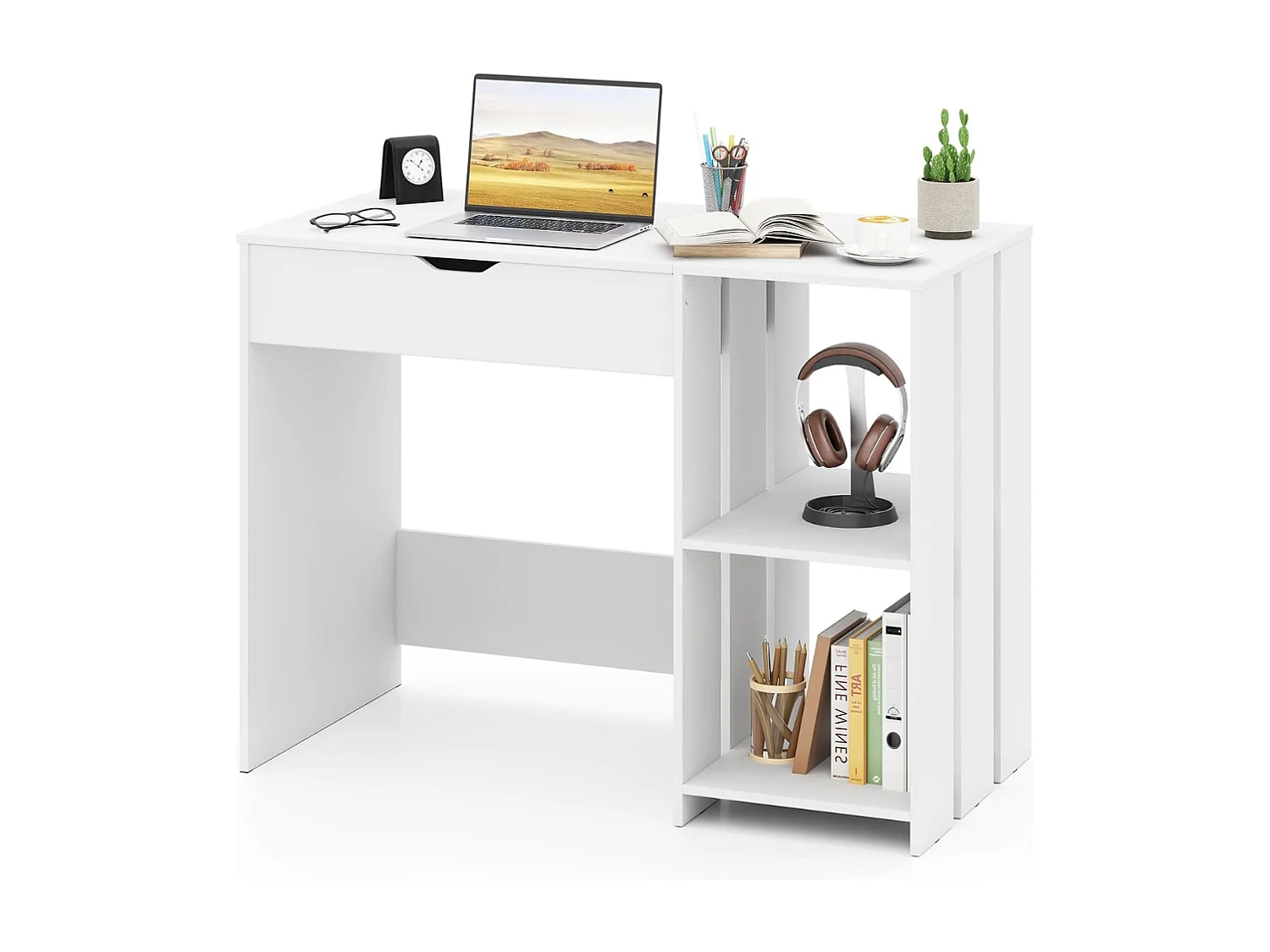 Bureau Informatique avec Plateau Relevable Bureau Portable avec Compartiment Caché et 2 Étagères de Rangement Ouvertes Blanc