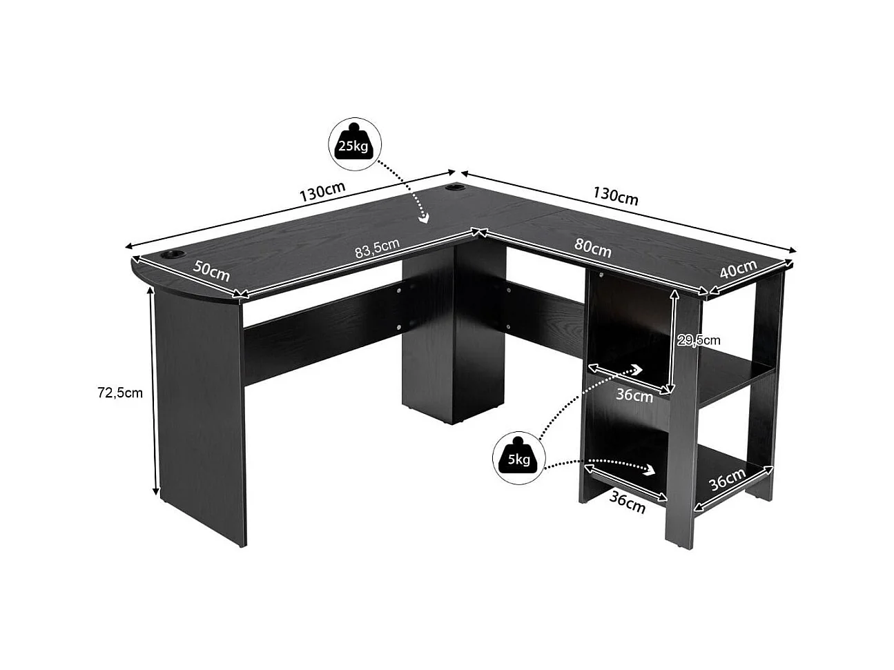 Scrivania per computer a forma di L con 2 mensole aperte, Scrivania angolare salva spazio per casa e ufficio Nero