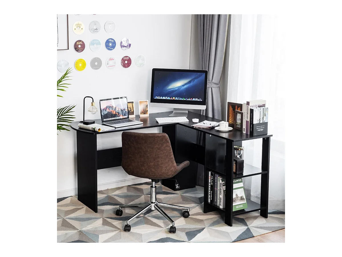 Scrivania per computer a forma di L con 2 mensole aperte, Scrivania angolare salva spazio per casa e ufficio Nero