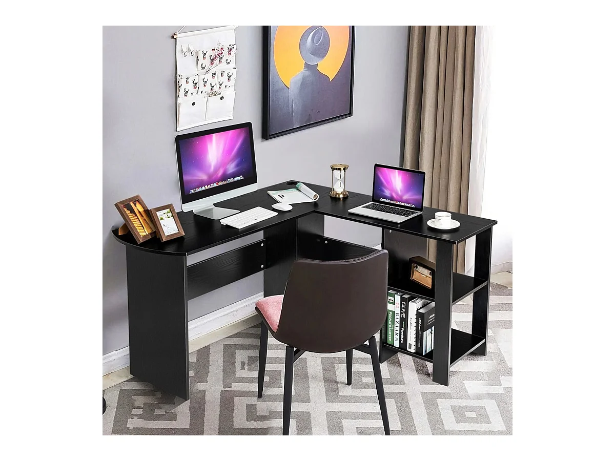 Scrivania per computer a forma di L con 2 mensole aperte, Scrivania angolare salva spazio per casa e ufficio Nero