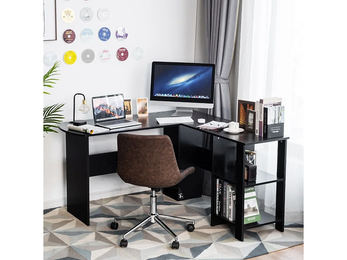 Bureau d'Angle avec Étagères de Rangement 130 x 130 x 72,5 CM (L x l x H ) en Forme de L Noir