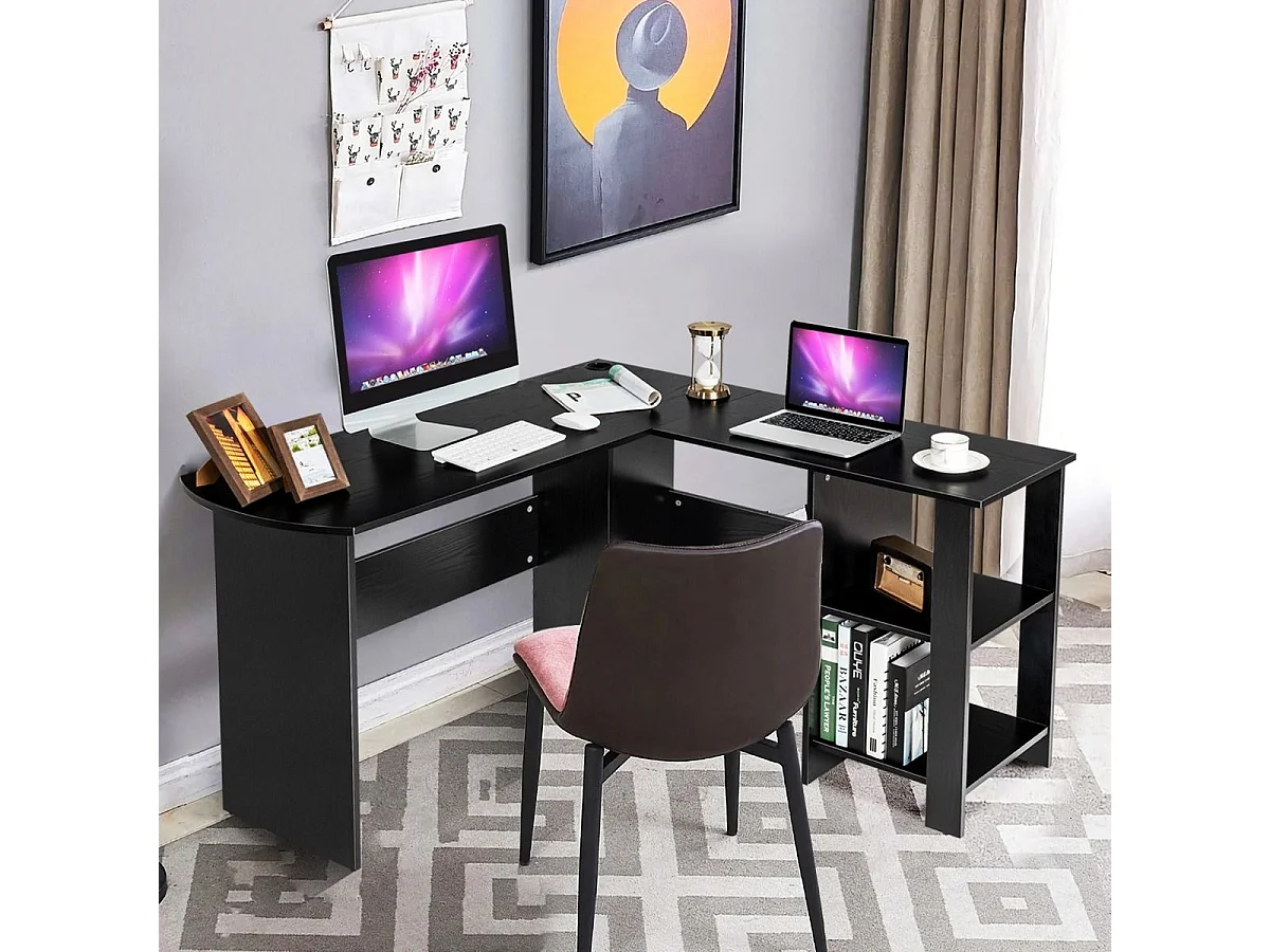 Bureau d'Angle avec Étagères de Rangement 130 x 130 x 72,5 CM (L x l x H ) en Forme de L Noir