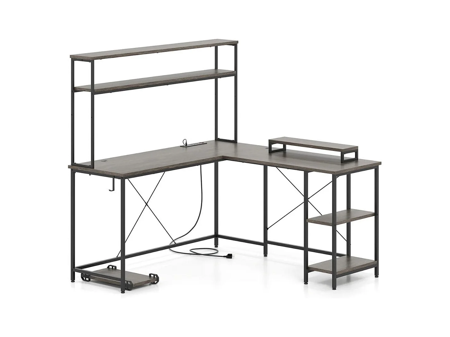 Bureau de jeu en L avec bandes LED & prises de courant Bureau d'angle Table d'ordinateur Gris