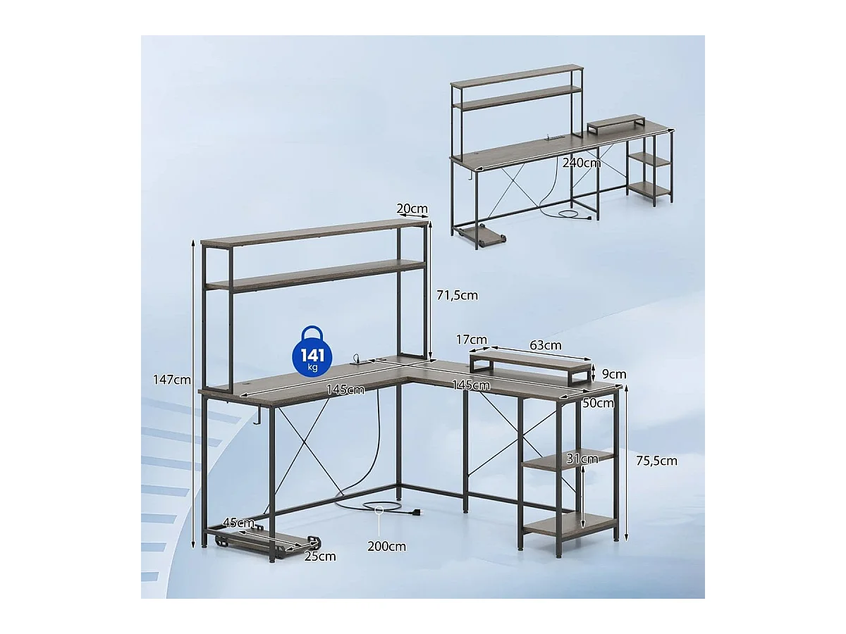 Bureau de jeu en L avec bandes LED & prises de courant Bureau d'angle Table d'ordinateur Gris