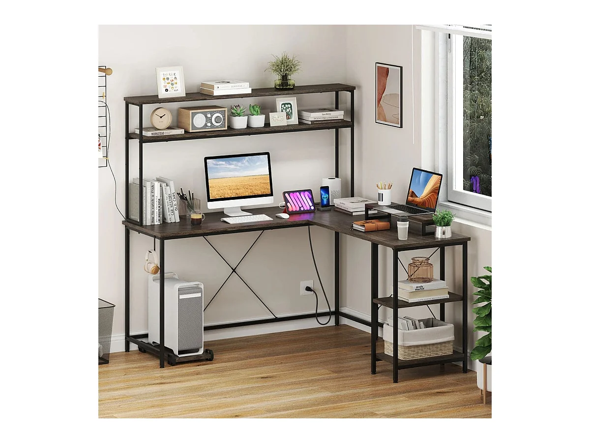 Bureau de jeu en L avec bandes LED & prises de courant Bureau d'angle Table d'ordinateur Gris