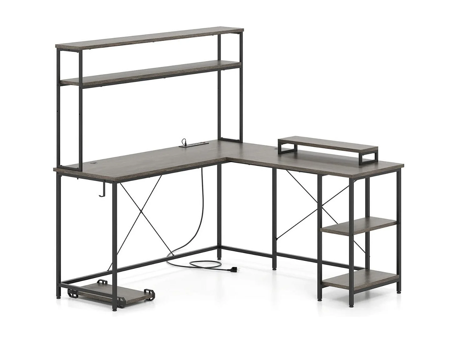 Bureau de jeu en L avec bandes LED & prises de courant Bureau d'angle Table d'ordinateur Gris