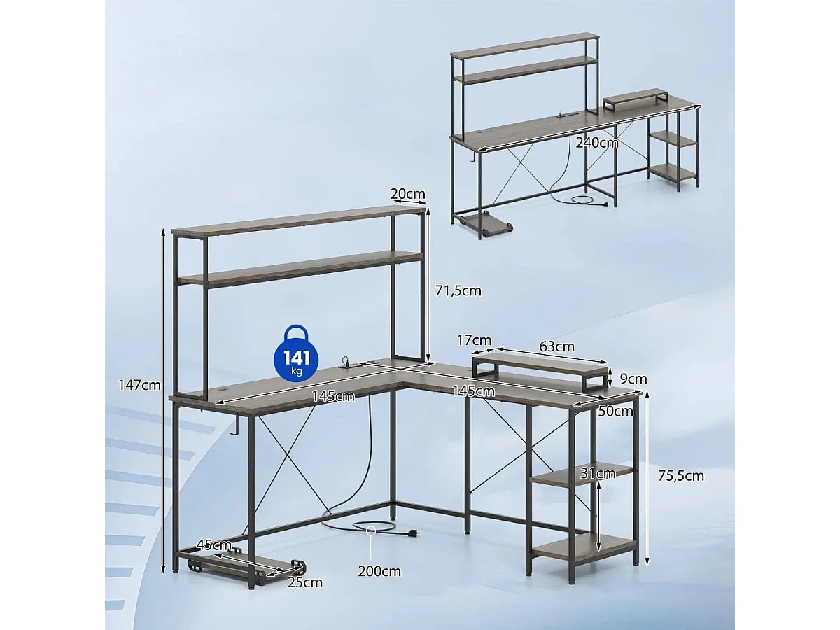 Bureau de jeu en L avec bandes LED & prises de courant Bureau d'angle Table d'ordinateur Gris