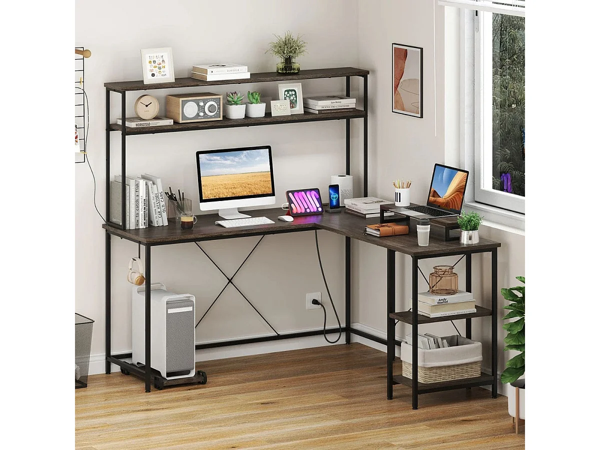 Bureau de jeu en L avec bandes LED & prises de courant Bureau d'angle Table d'ordinateur Gris
