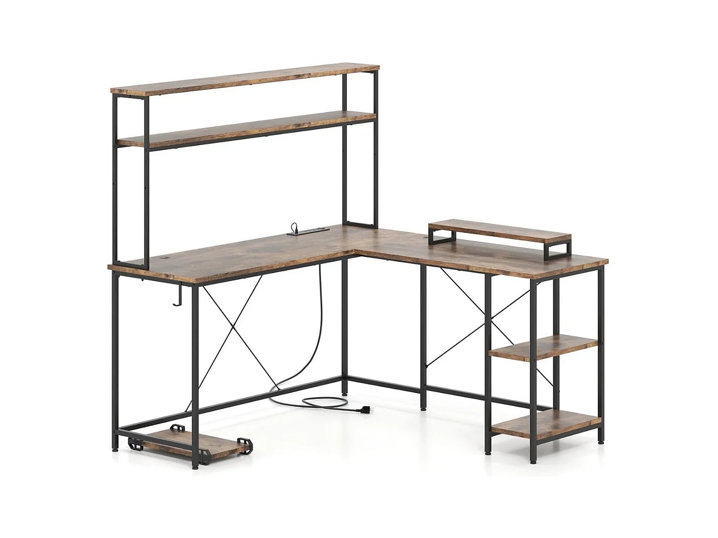 Bureau de jeu en forme de L avec bandes LED & prises de courant Bureau d'angle Bureau d'ordinateur brun