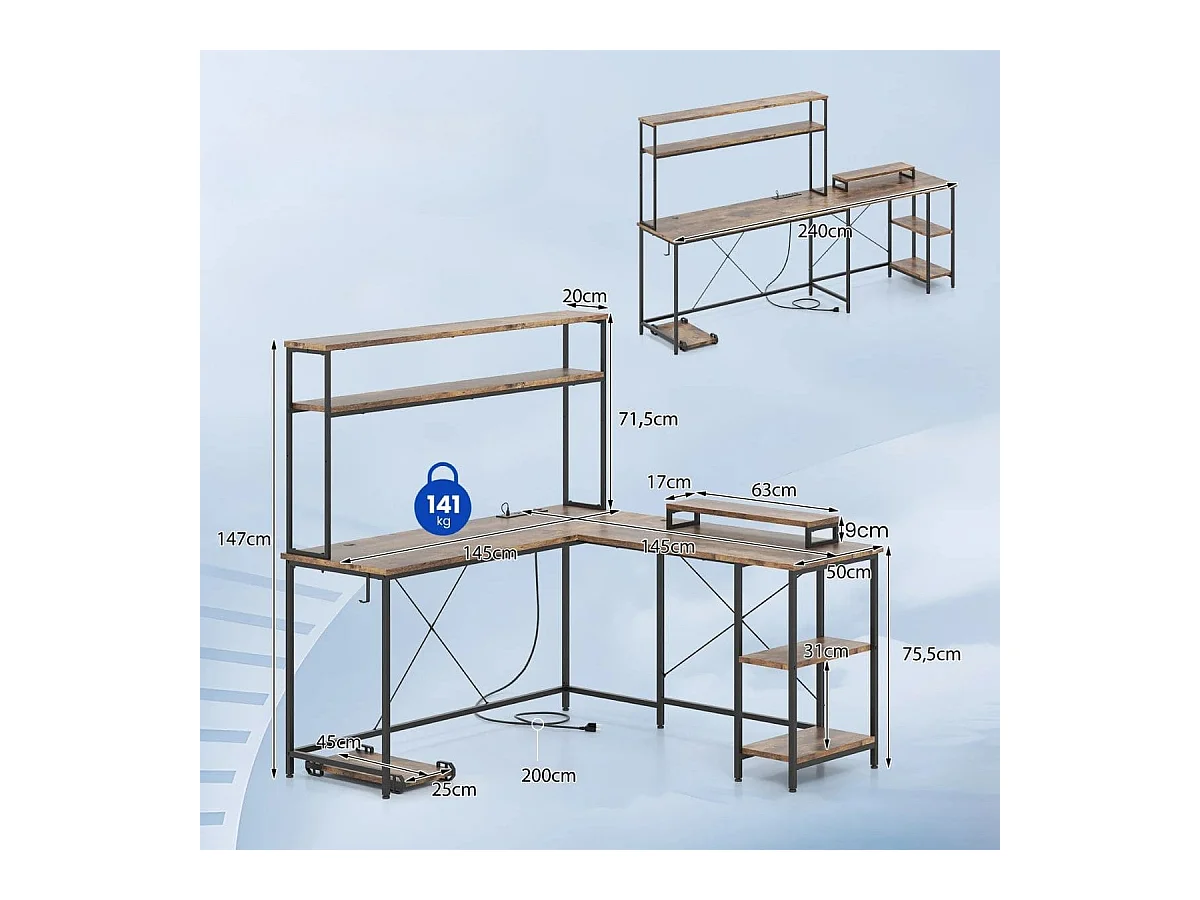 Bureau de jeu en forme de L avec bandes LED & prises de courant Bureau d'angle Bureau d'ordinateur brun