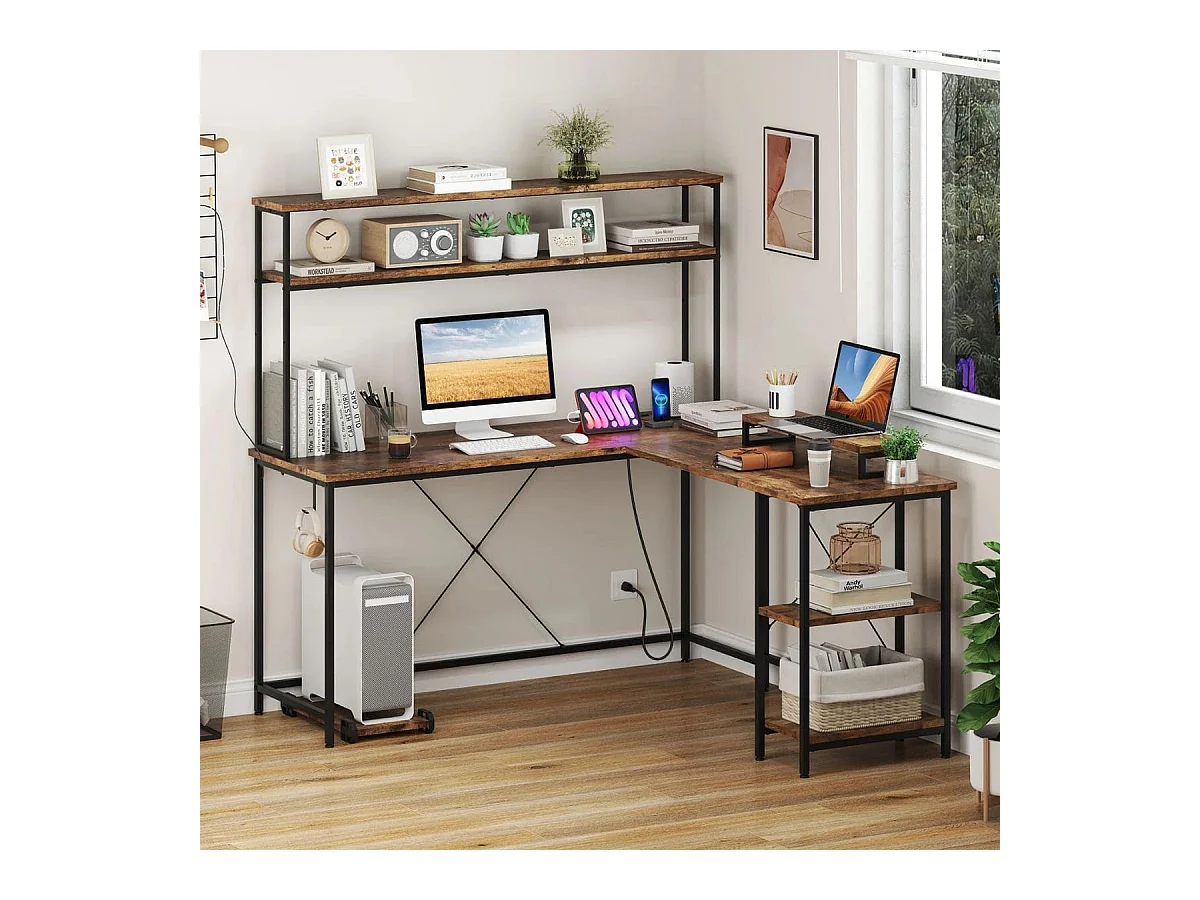 Bureau de jeu en forme de L avec bandes LED & prises de courant Bureau d'angle Bureau d'ordinateur brun