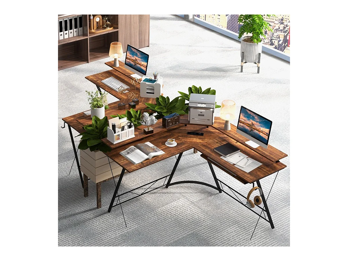 Scrivania per computer a forma di L con presa elettrica, 130cm Scrivania da angolo con supporto per monitor Marrone rustico