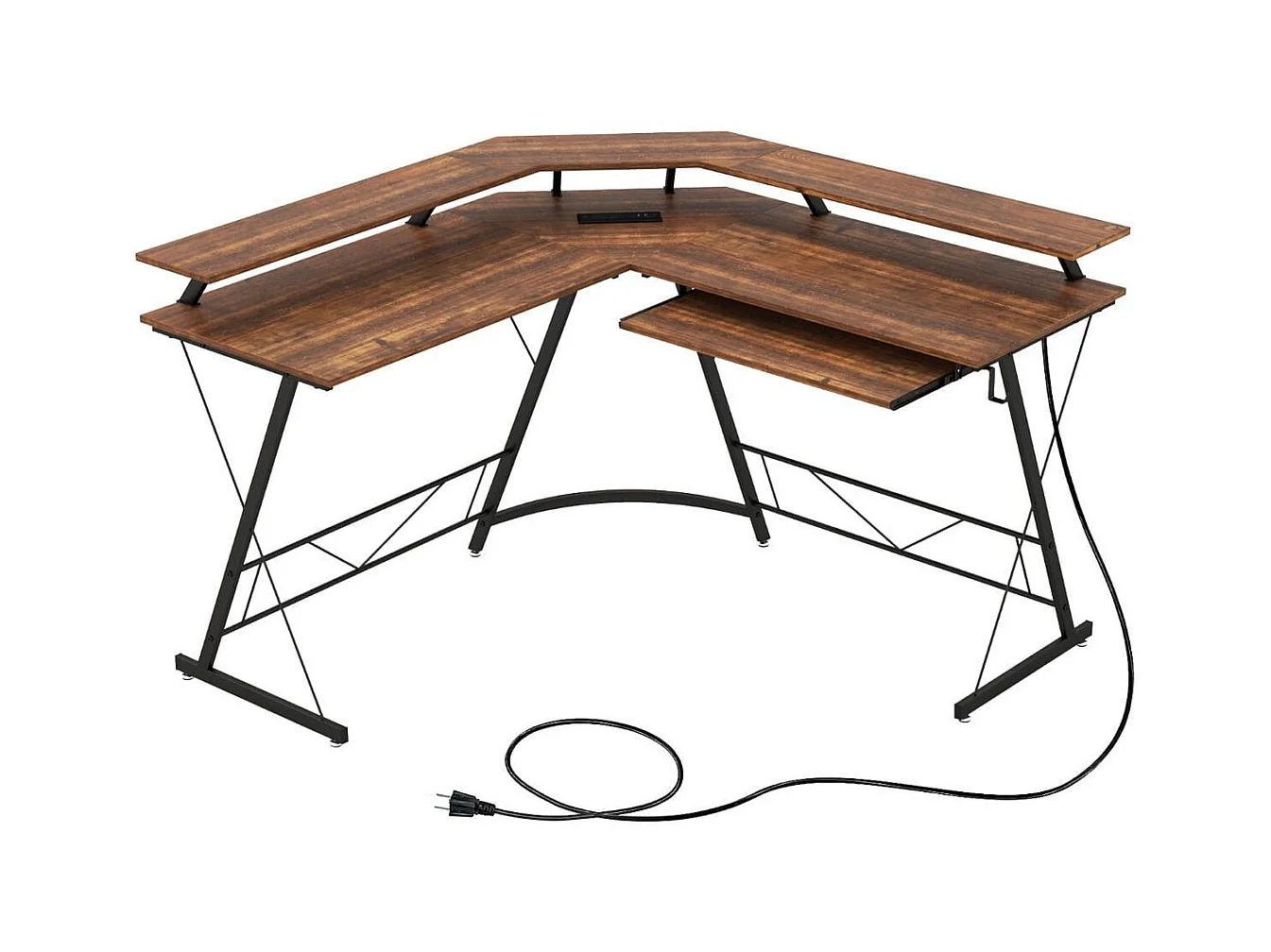 Scrivania per computer a forma di L con presa elettrica, 130cm Scrivania da angolo con supporto per monitor Marrone rustico