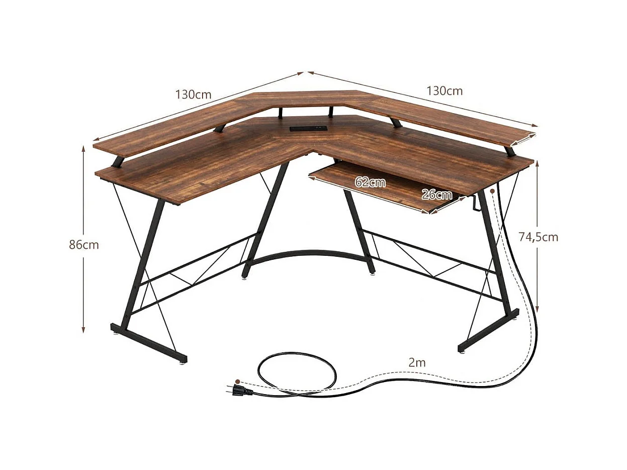 Scrivania per computer a forma di L con presa elettrica, 130cm Scrivania da angolo con supporto per monitor Marrone rustico