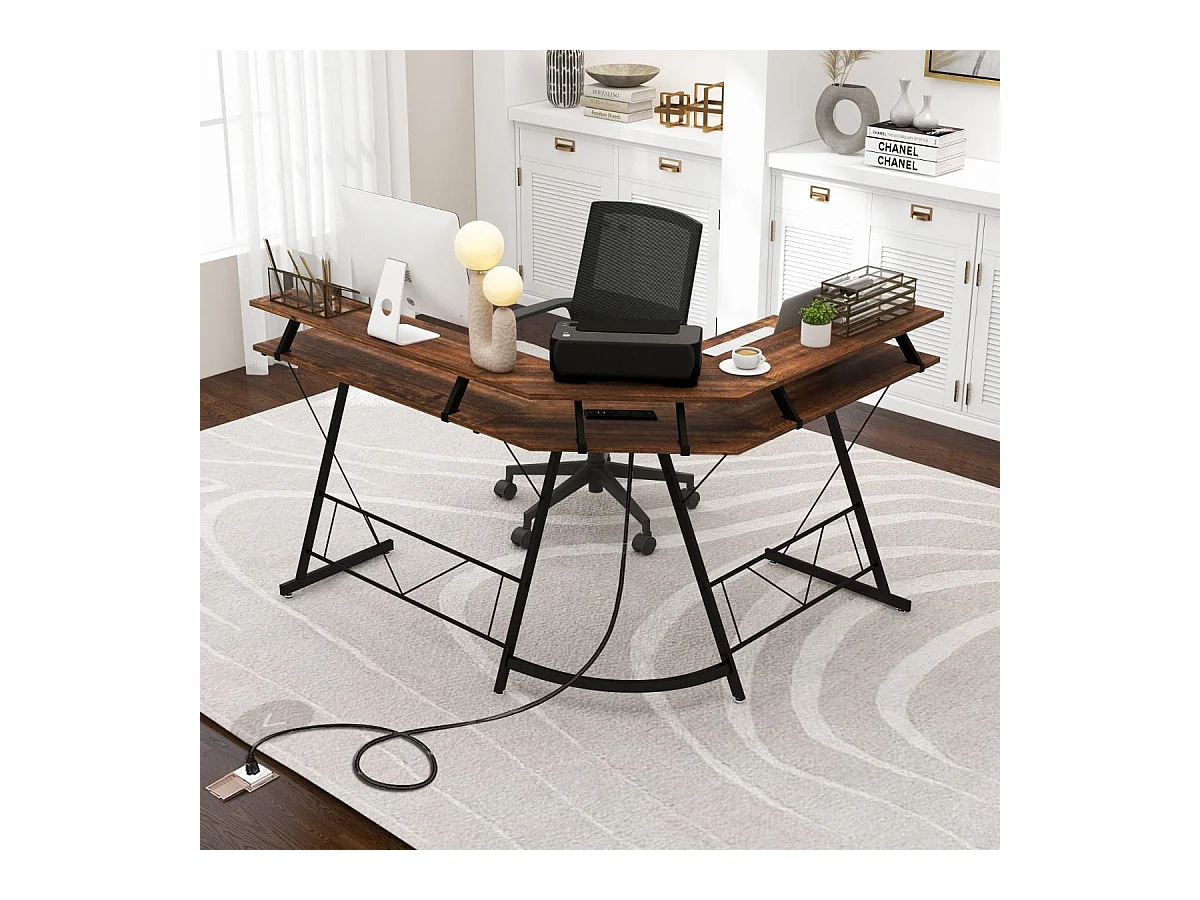 Scrivania per computer a forma di L con presa elettrica, 130cm Scrivania da angolo con supporto per monitor Marrone rustico