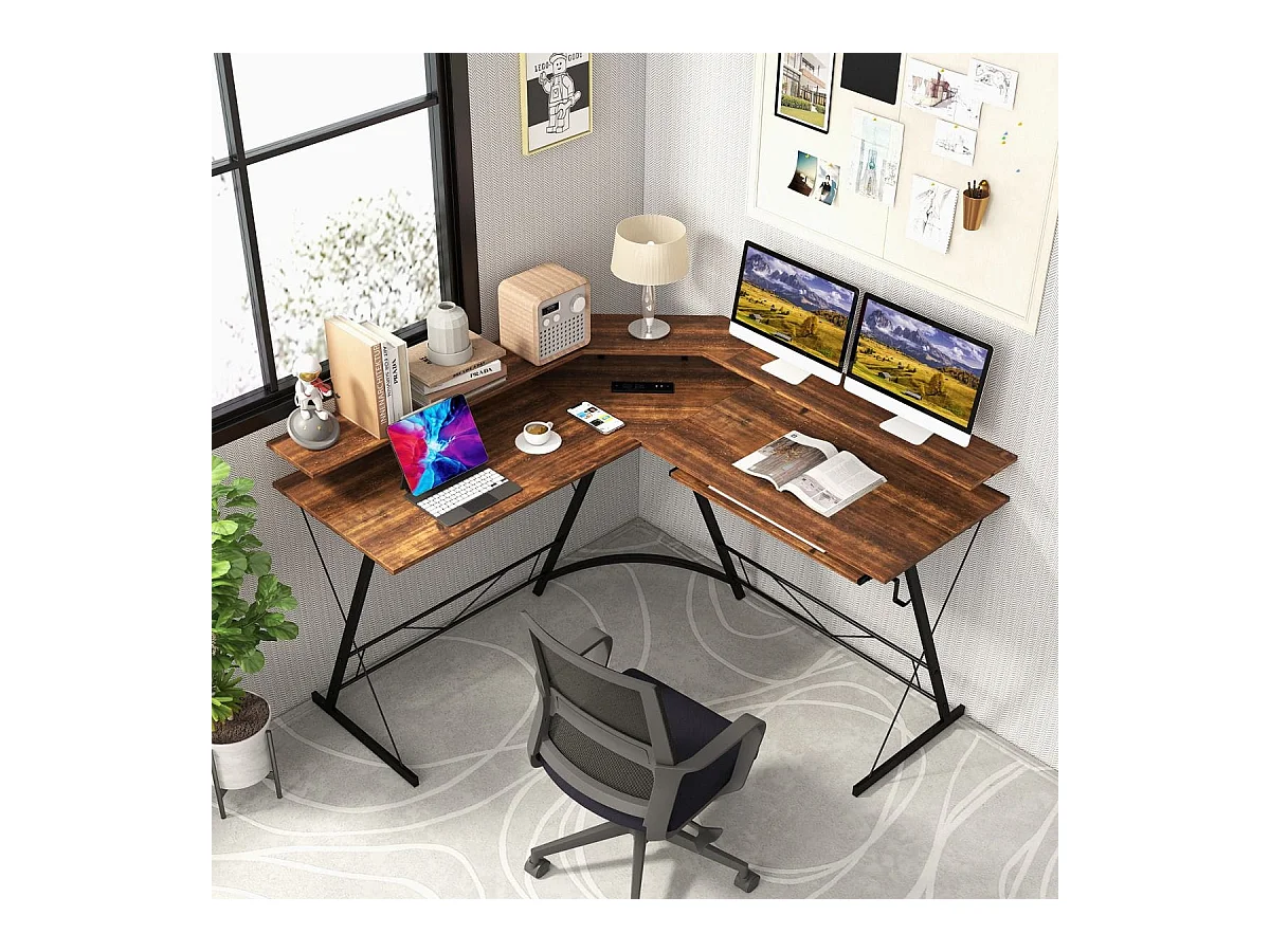 Scrivania per computer a forma di L con presa elettrica, 130cm Scrivania da angolo con supporto per monitor Marrone rustico