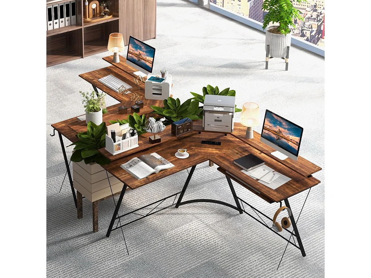 Scrivania per computer a forma di L con presa elettrica, 130cm Scrivania da angolo con supporto per monitor Marrone rustico