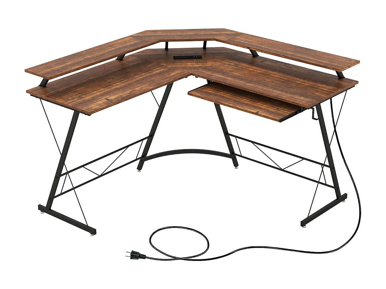 Scrivania per computer a forma di L con presa elettrica, 130cm Scrivania da angolo con supporto per monitor Marrone rustico