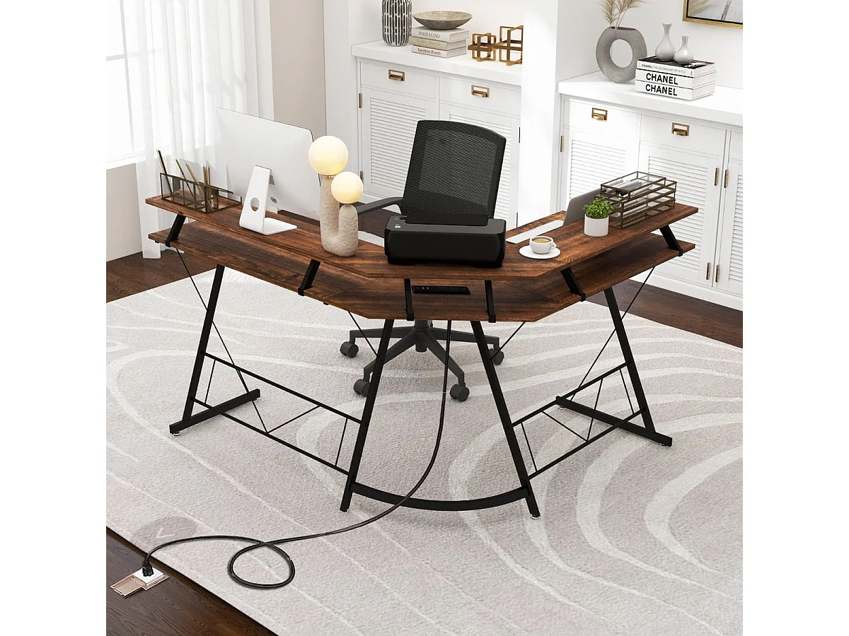 Scrivania per computer a forma di L con presa elettrica, 130cm Scrivania da angolo con supporto per monitor Marrone rustico