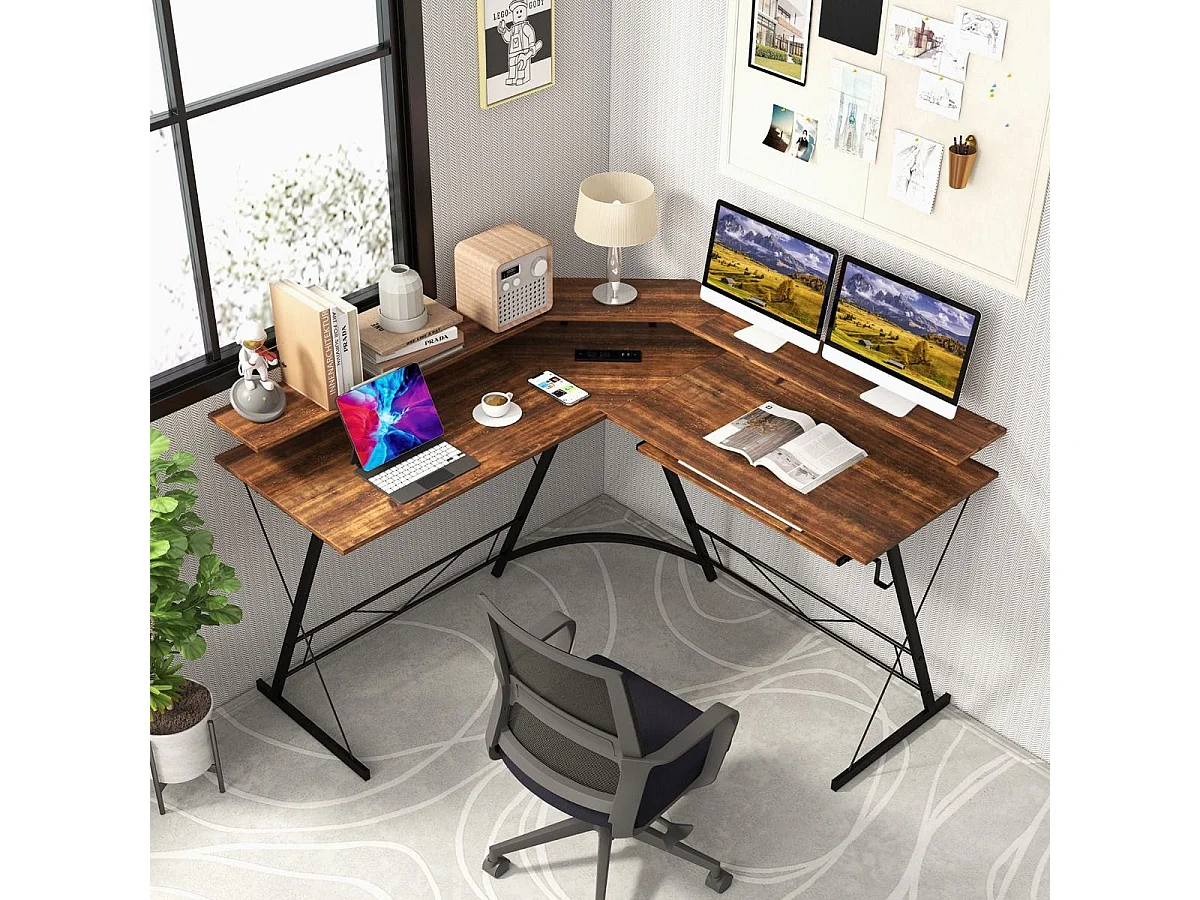 Scrivania per computer a forma di L con presa elettrica, 130cm Scrivania da angolo con supporto per monitor Marrone rustico