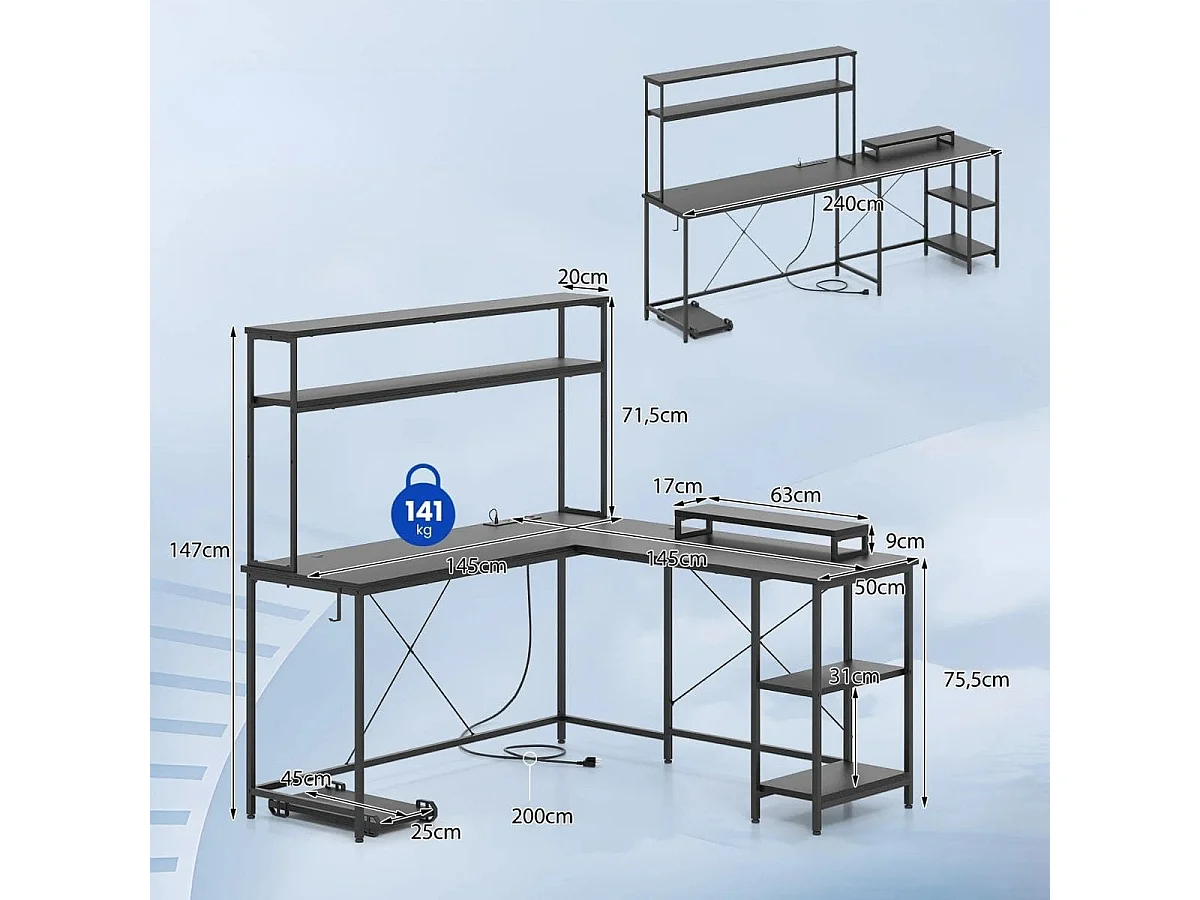 Scrivania da gioco a L con strisce LED e prese Scrivania angolare per computer nera