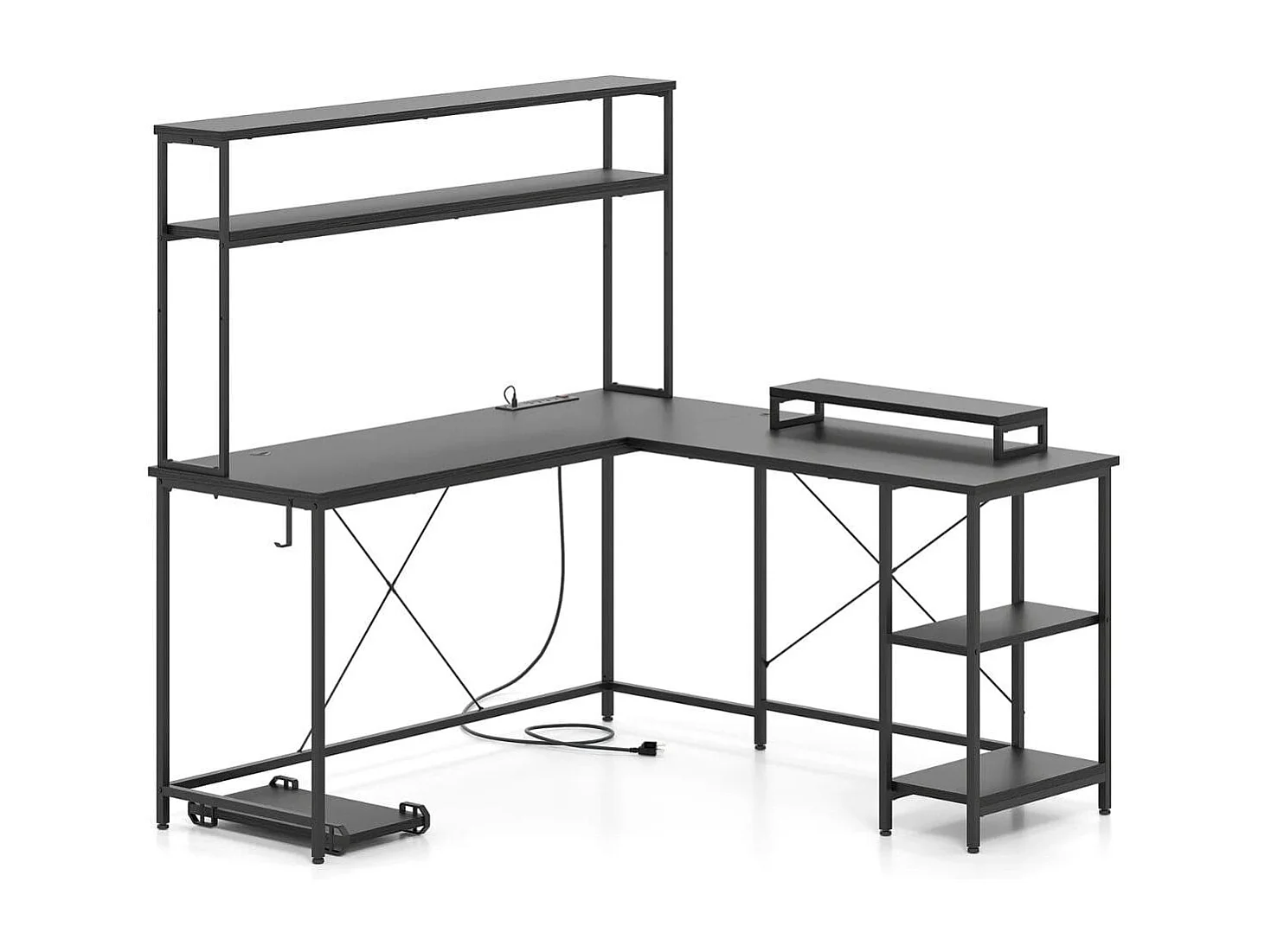 Bureau de jeu en forme de L avec bandes LED & prises électriques Bureau d'angle Bureau d'ordinateur noir