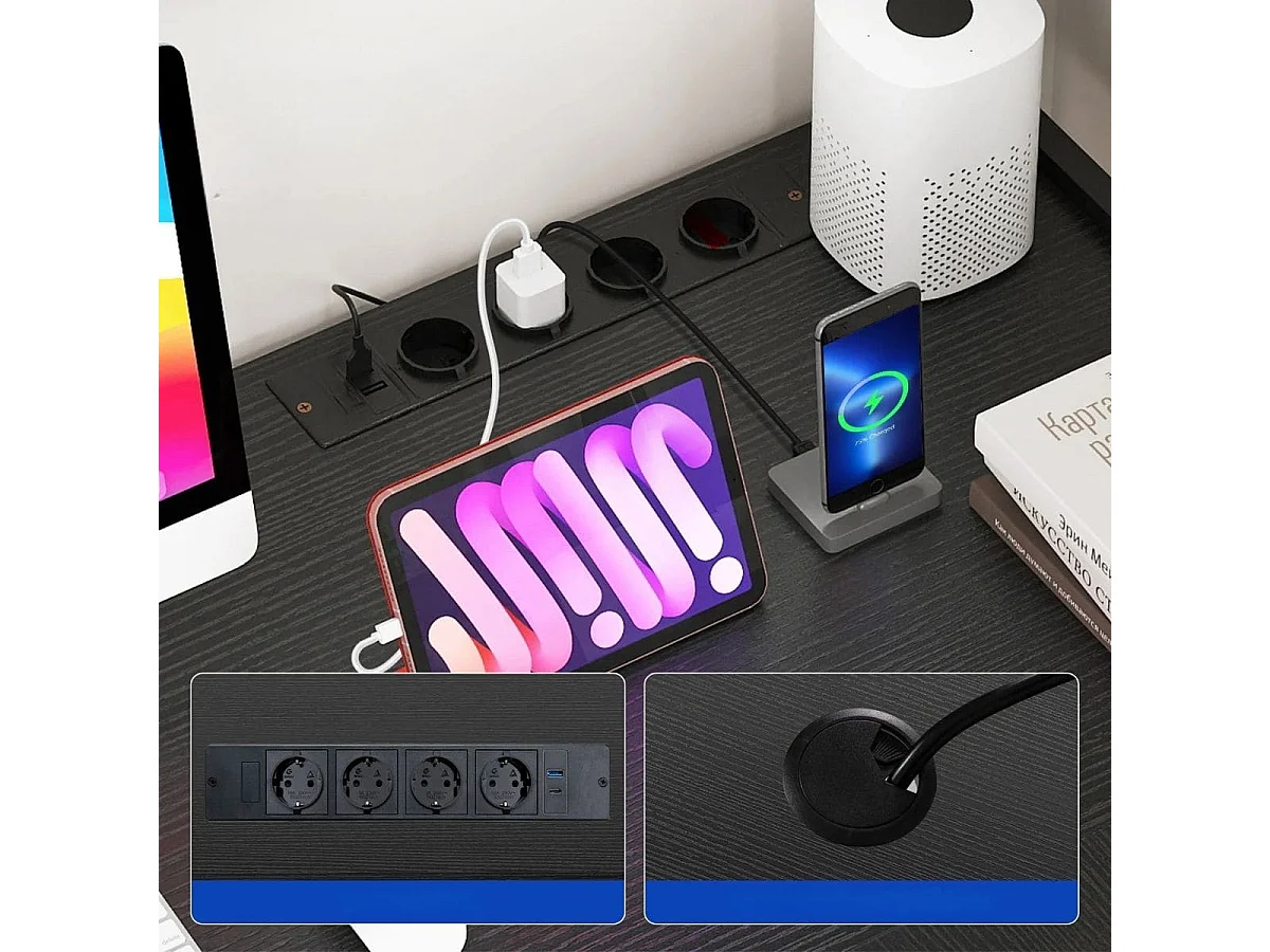 Bureau de jeu en forme de L avec bandes LED & prises électriques Bureau d'angle Bureau d'ordinateur noir