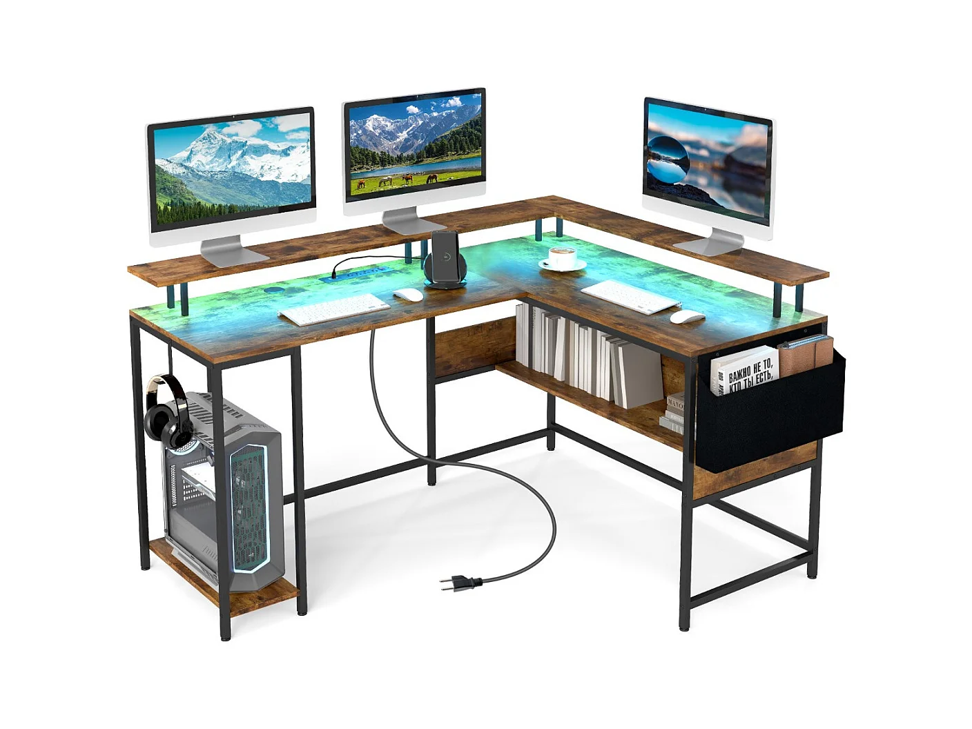 L-förmiger Gaming Schreibtisch mit LED-Streifen & Steckdosen Eckschreibtisch Computertisch Braun