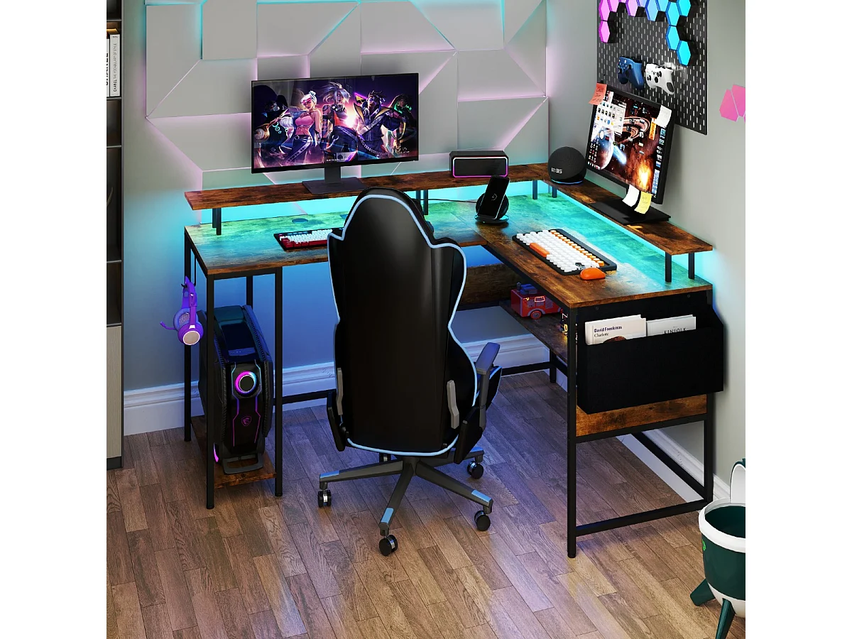 L-förmiger Gaming Schreibtisch mit LED-Streifen & Steckdosen Eckschreibtisch Computertisch Braun