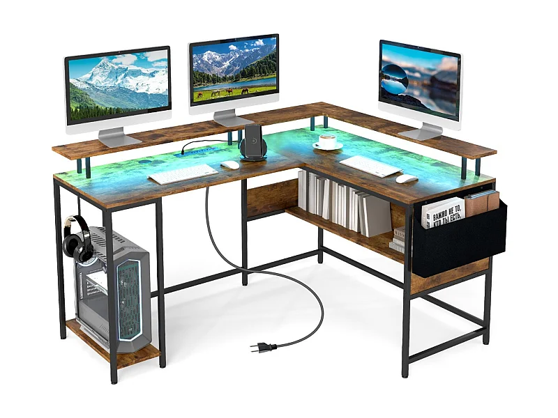L-förmiger Gaming Schreibtisch mit LED-Streifen & Steckdosen Eckschreibtisch Computertisch Braun