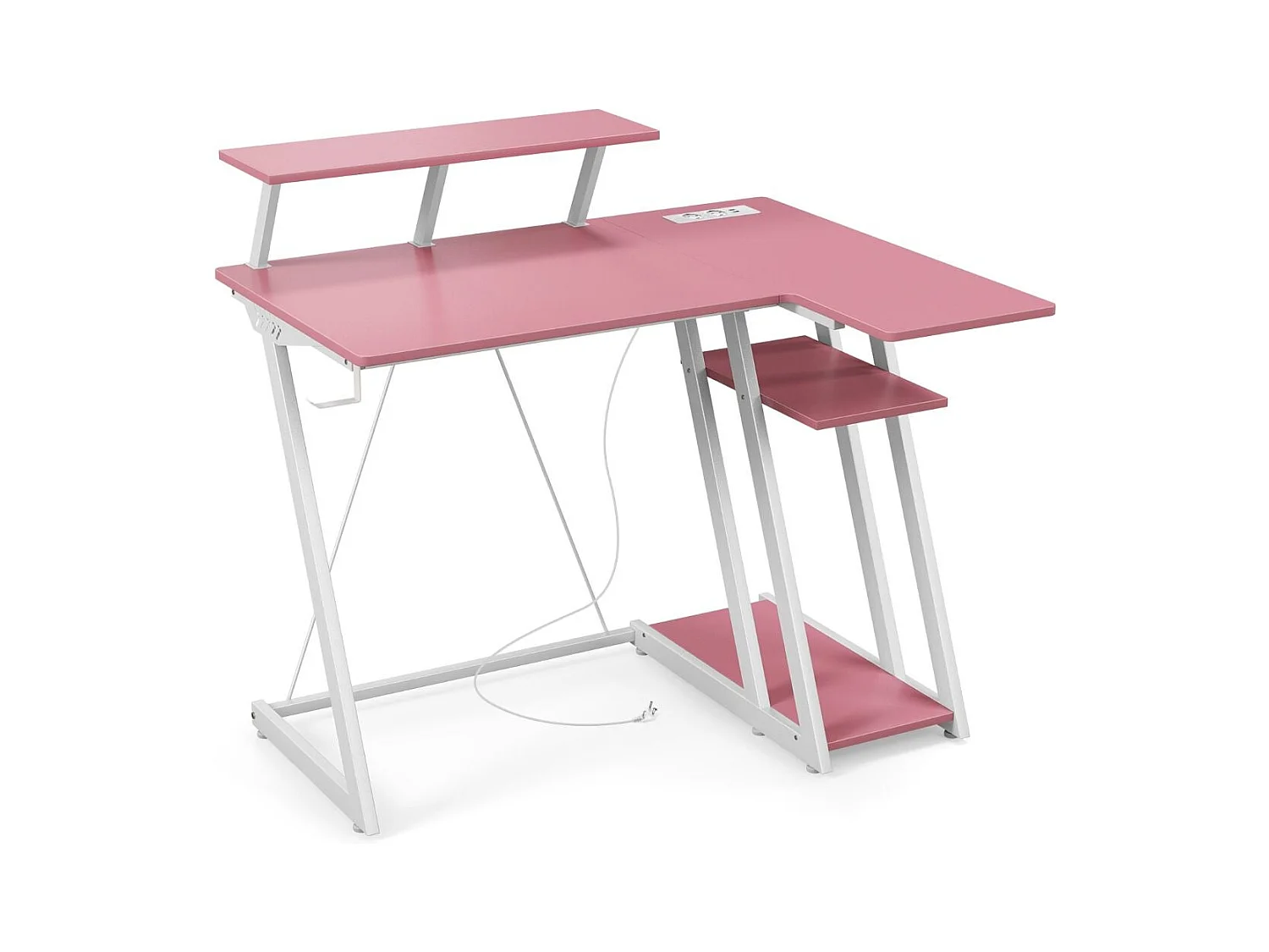 L-förmiger Gaming-Schreibtisch mit Steckdosen & USB-Anschlüssen mit Monitorregal Computertisch -Rosa