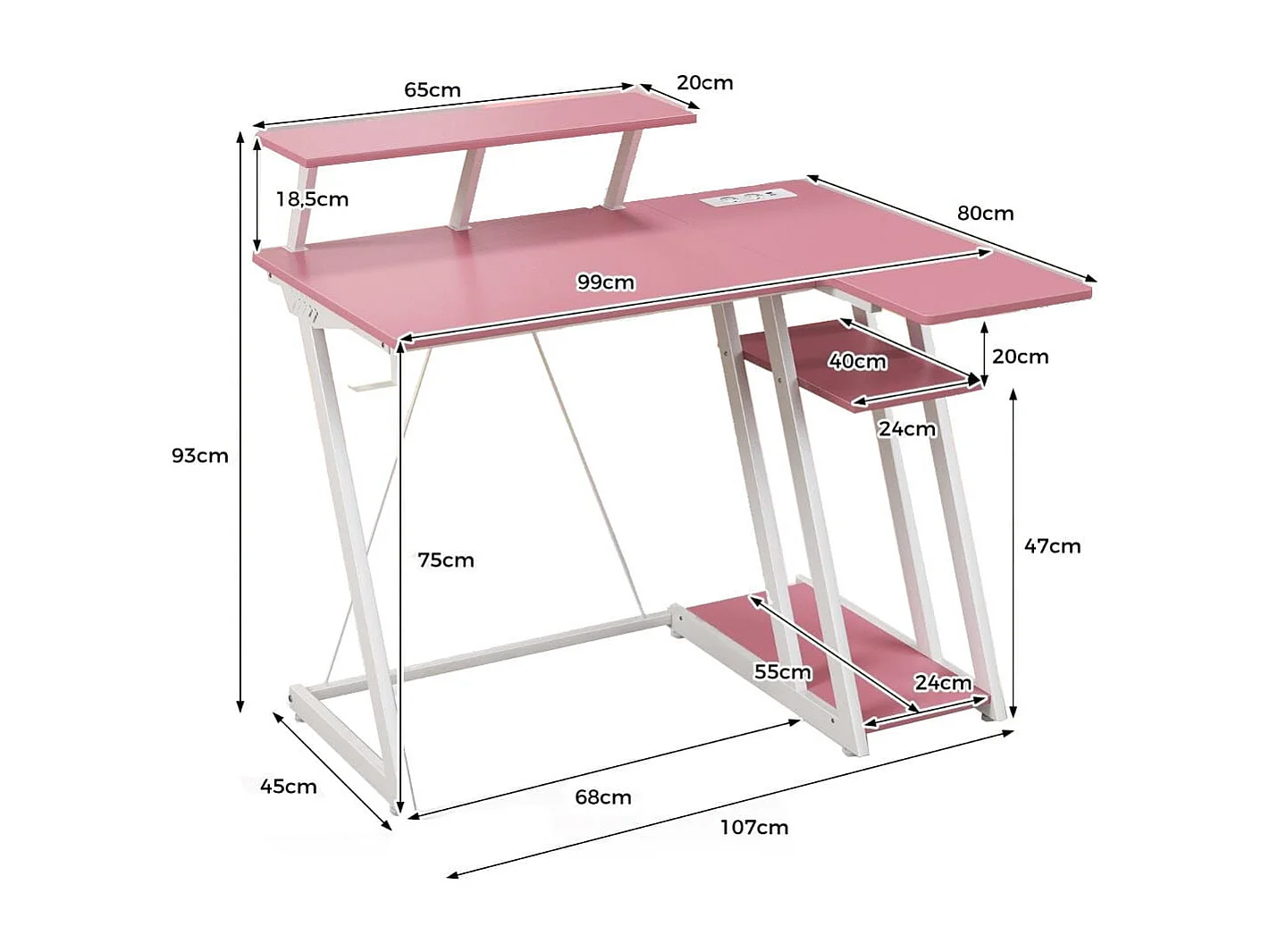 Scrivania da gioco con prese e porte USB, Scrivania per computer piccola con ripiano per monitor gancio per cuffie Rosa
