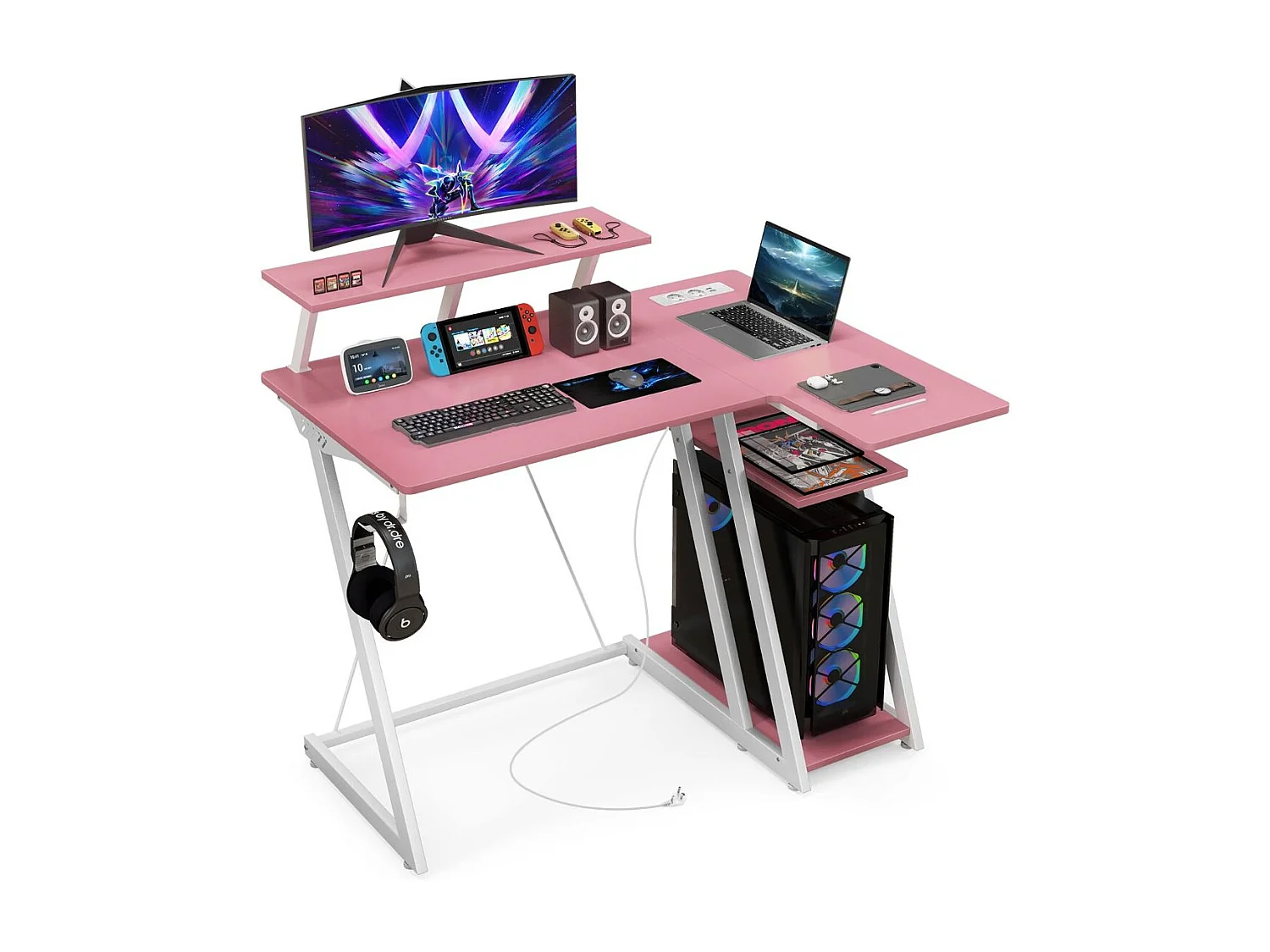 Scrivania da gioco con prese e porte USB, Scrivania per computer piccola con ripiano per monitor gancio per cuffie Rosa
