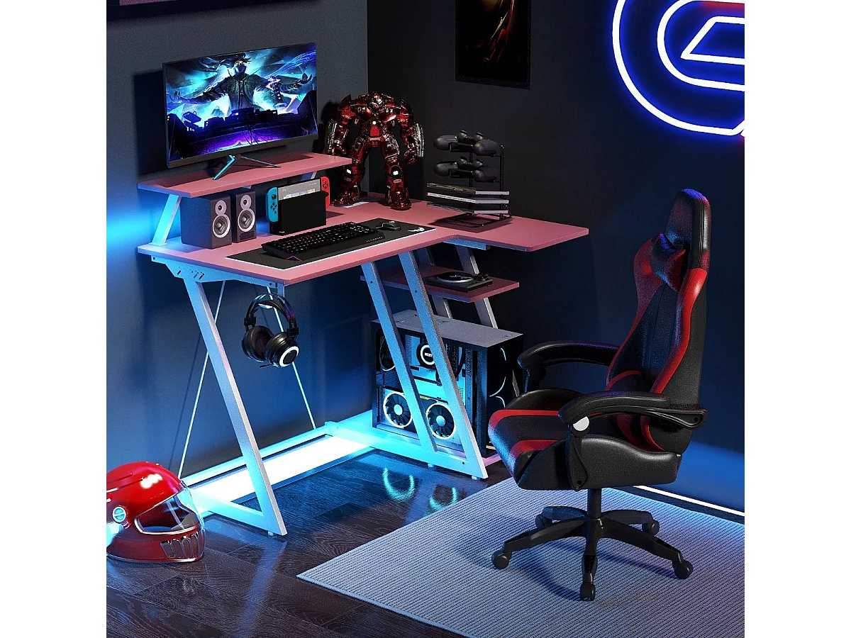 Scrivania da gioco con prese e porte USB, Scrivania per computer piccola con ripiano per monitor gancio per cuffie Rosa