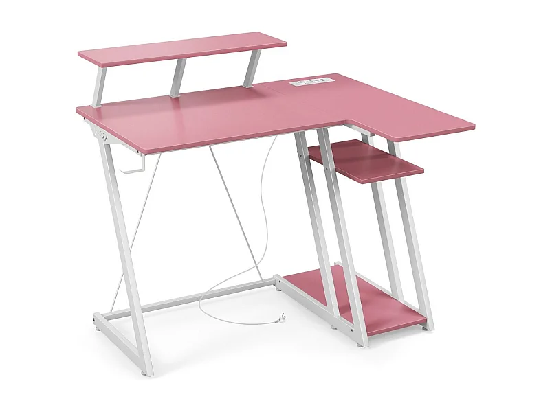 Scrivania da gioco con prese e porte USB, Scrivania per computer piccola con ripiano per monitor gancio per cuffie Rosa