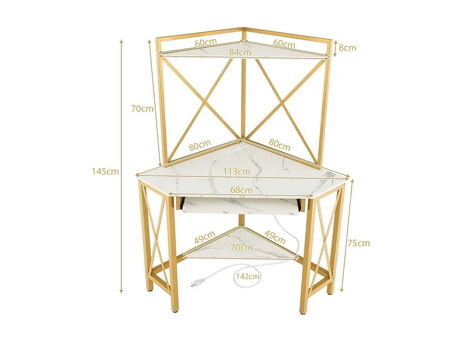 Bureau d'Angle avec Clapier Bureau Peu Encombrant Étagères Plateau pour Clavier Table avec Huche Cadre en Métal Blanc