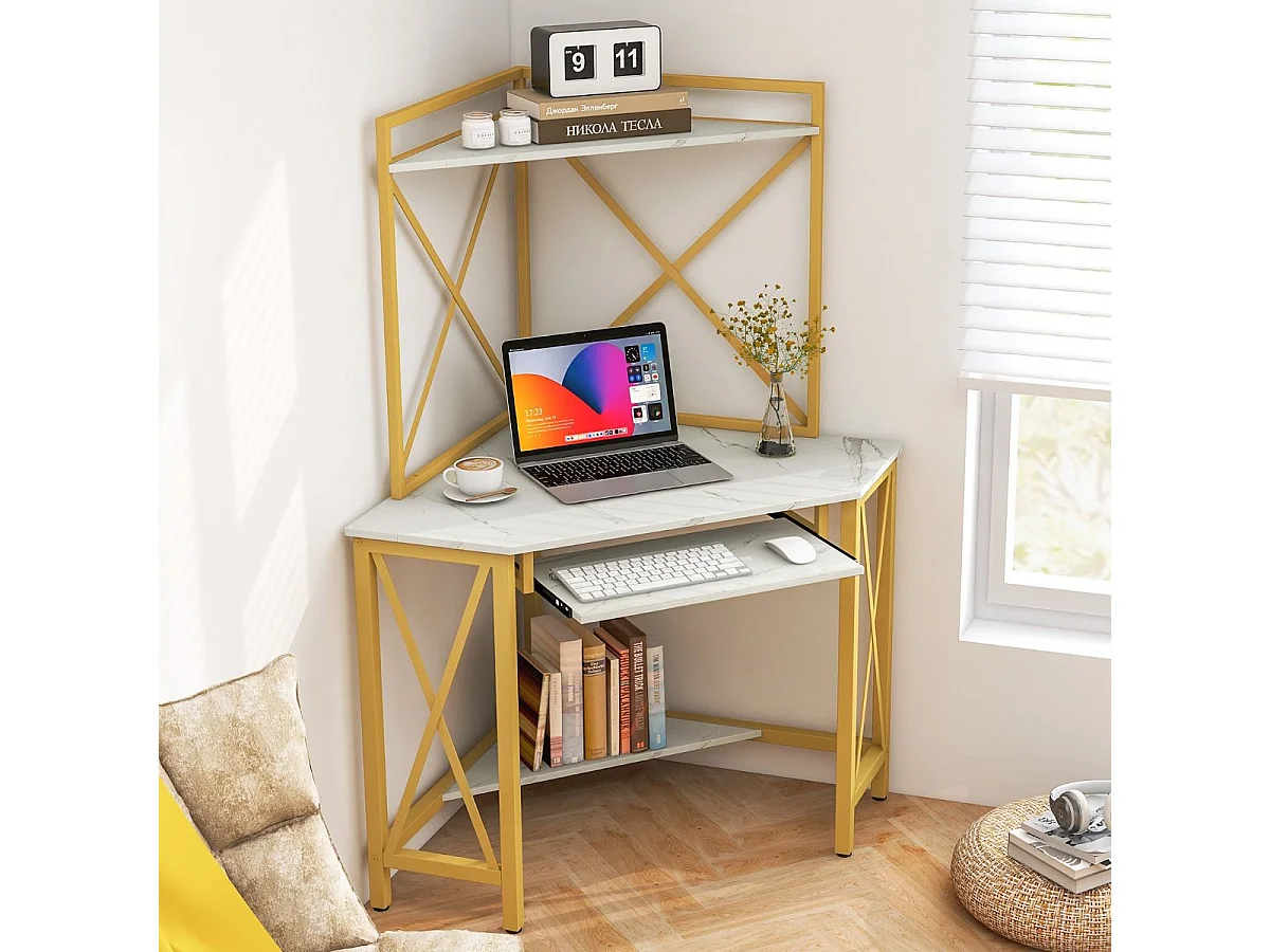 Bureau d'Angle avec Clapier Bureau Peu Encombrant Étagères Plateau pour Clavier Table avec Huche Cadre en Métal Blanc