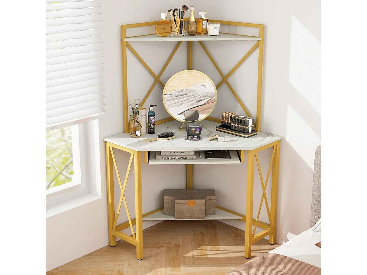 Bureau d'Angle avec Clapier Bureau Peu Encombrant Étagères Plateau pour Clavier Table avec Huche Cadre en Métal Blanc