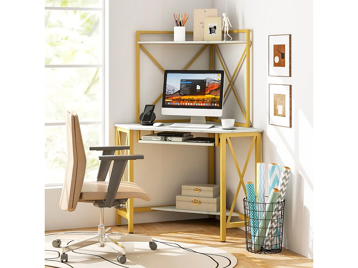 Bureau d'Angle avec Clapier Bureau Peu Encombrant Étagères Plateau pour Clavier Table avec Huche Cadre en Métal Blanc