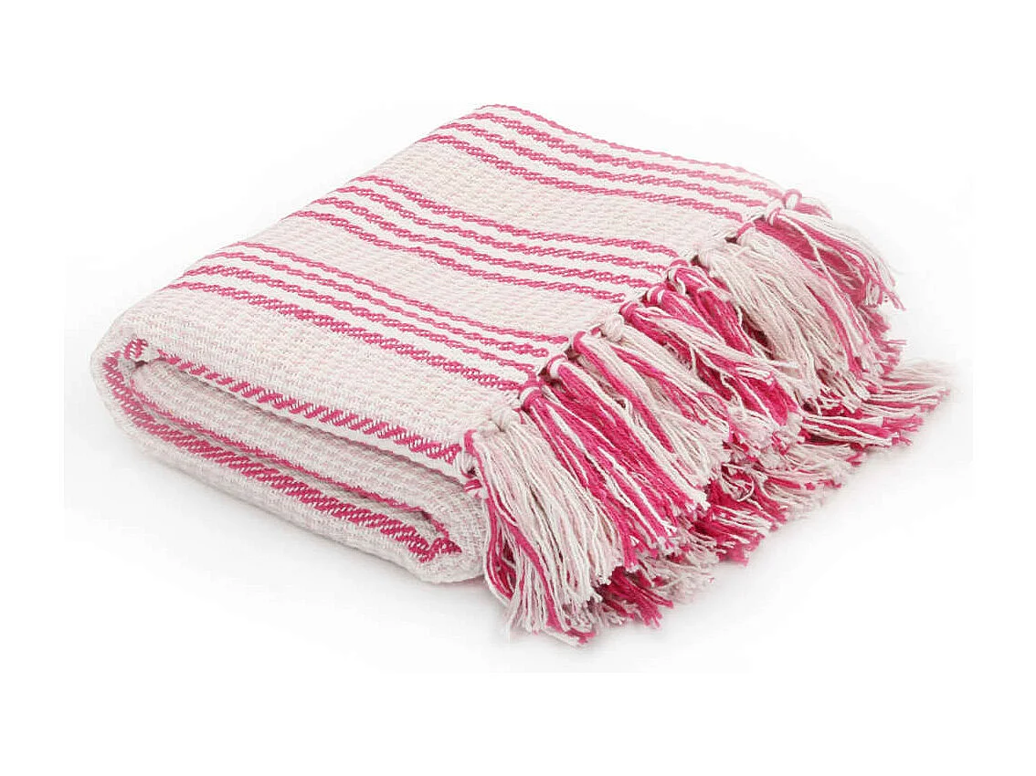 Couverture | Plaid coton à rayures 220x250 cm Rose et Blanc