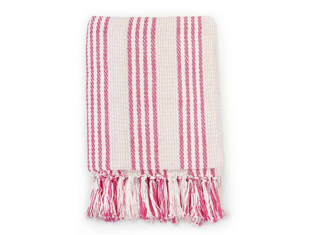 Couverture | Plaid coton à rayures 220x250 cm Rose et Blanc