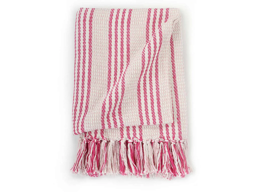 Couverture | Plaid coton à rayures 220x250 cm Rose et Blanc