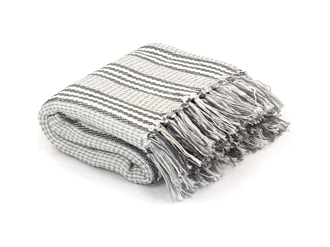Couverture | Plaid coton à rayures 220x250 cm Gris et Blanc