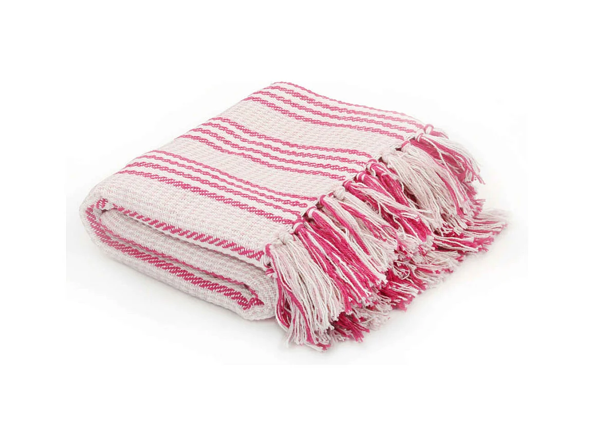 Couverture | Plaid coton à rayures 160x210 cm Rose et Blanc