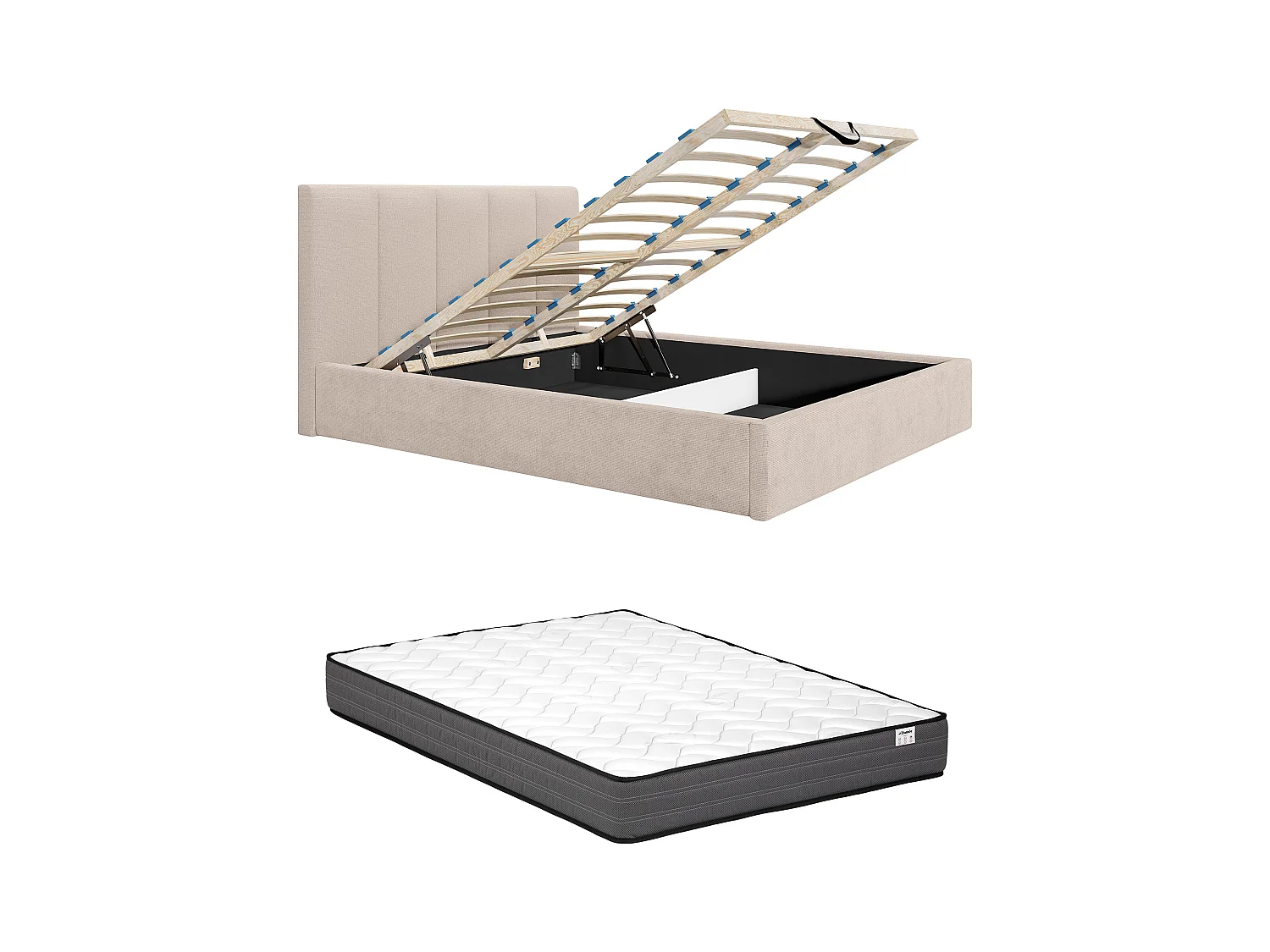 Lit coffre 200 x 200 cm avec tête de lit coutures verticales - Tissu - Beige + Matelas - KILACLO