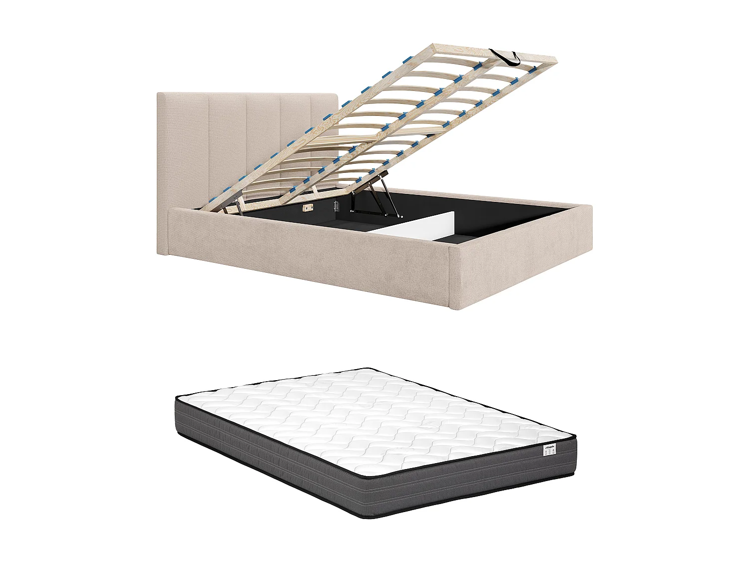 Lit coffre 200 x 200 cm avec tête de lit coutures verticales - Tissu - Beige + Matelas - KILACLO