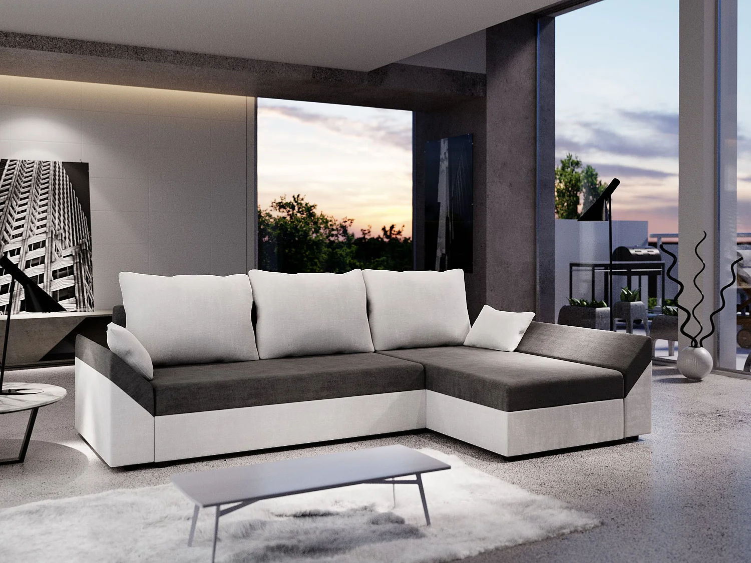 BEDANTE Canapé d’angle DANTE L droite Rainbow 27 + 31 Gris/Blanc Forme L